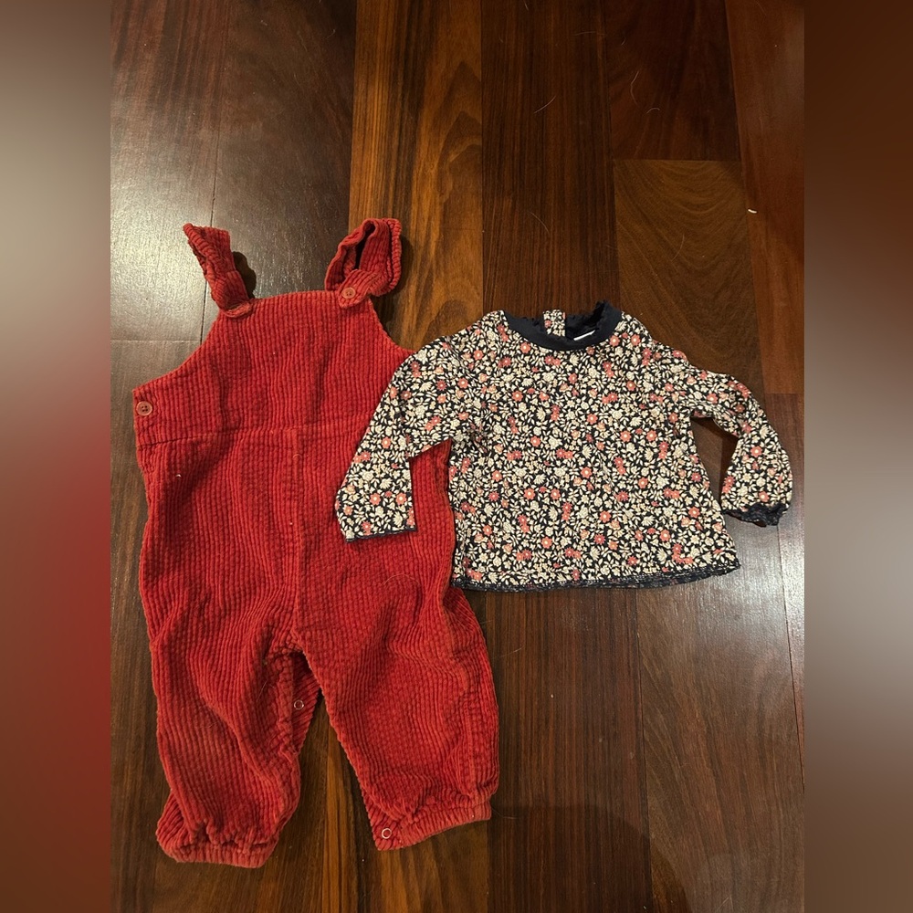 Old Navy Rust Color Overalls & Floral Top Set 6-12M like new condition